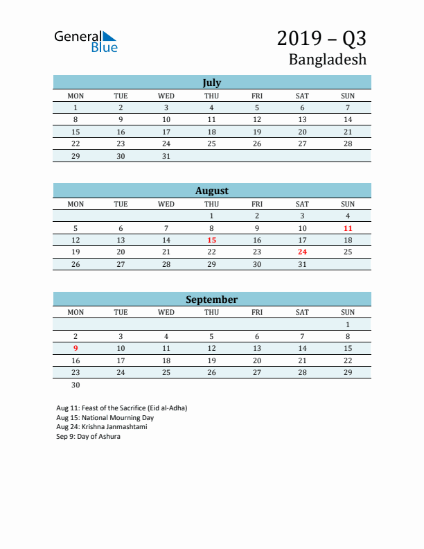 Three-Month Planner for Q3 2019 with Holidays - Bangladesh