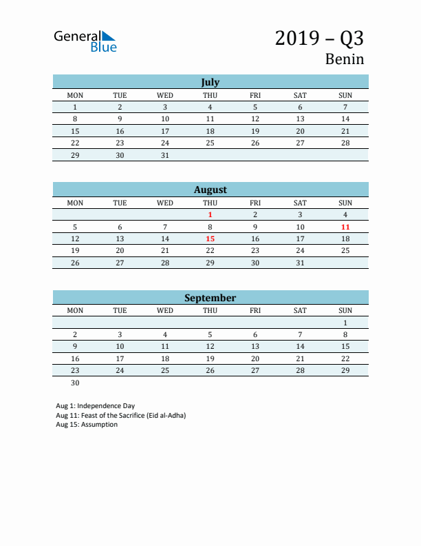 Three-Month Planner for Q3 2019 with Holidays - Benin