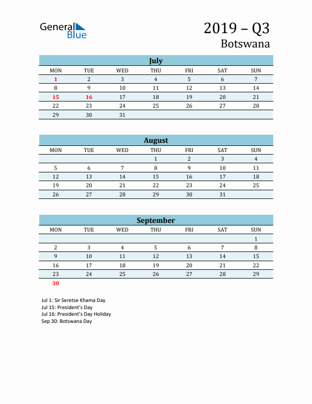 Three-Month Planner for Q3 2019 with Holidays - Botswana