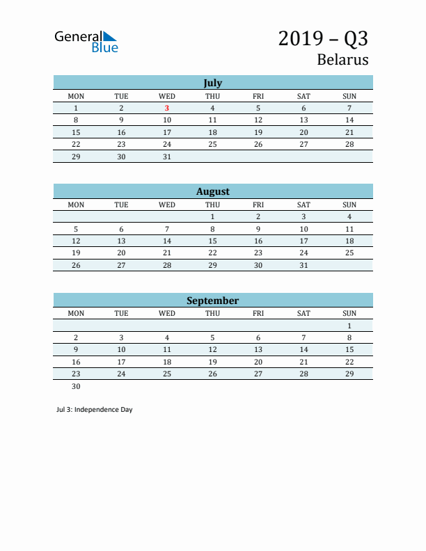 Three-Month Planner for Q3 2019 with Holidays - Belarus