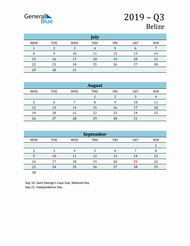 Three-Month Planner for Q3 2019 with Holidays - Belize