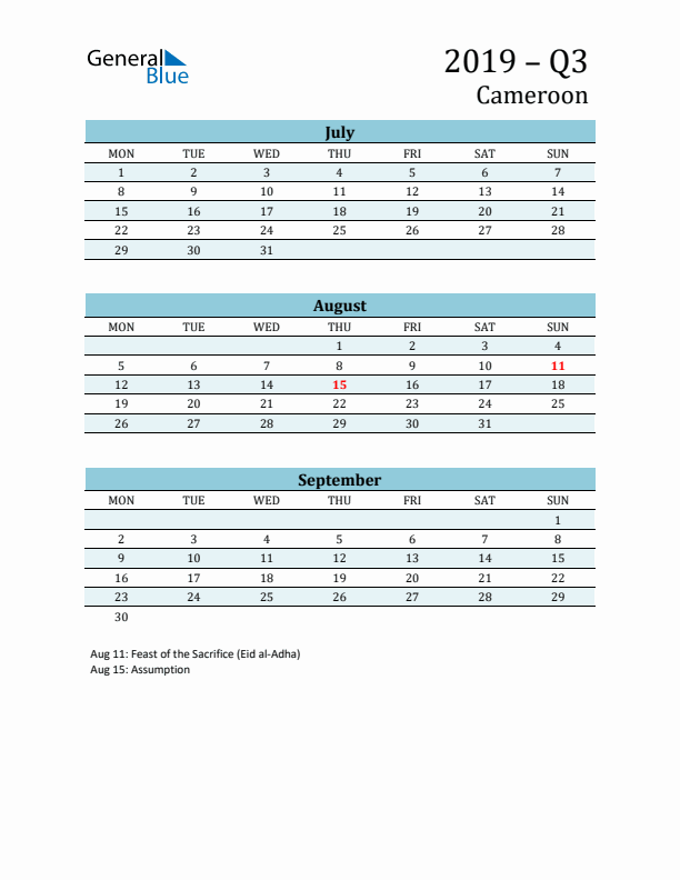 Three-Month Planner for Q3 2019 with Holidays - Cameroon