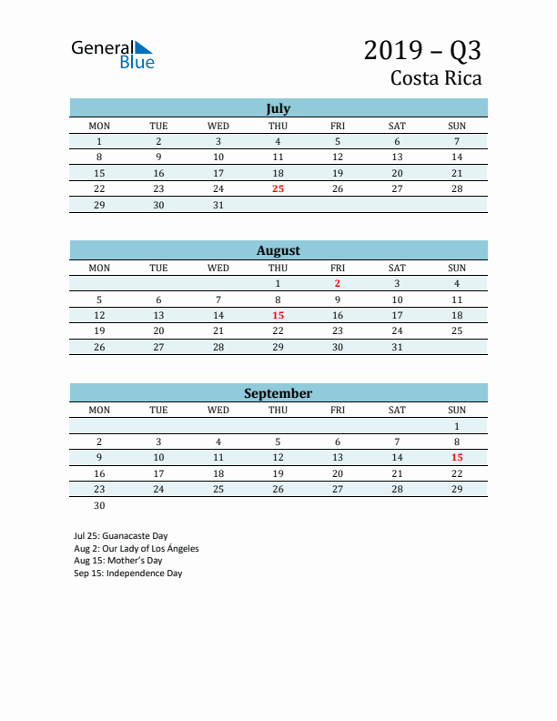 Three-Month Planner for Q3 2019 with Holidays - Costa Rica