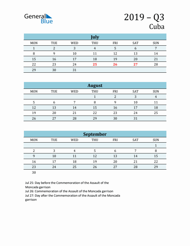 Three-Month Planner for Q3 2019 with Holidays - Cuba