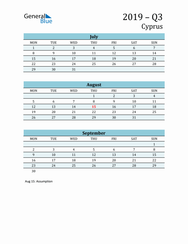 Three-Month Planner for Q3 2019 with Holidays - Cyprus