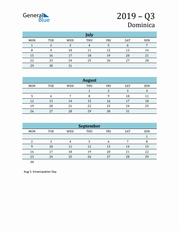 Three-Month Planner for Q3 2019 with Holidays - Dominica