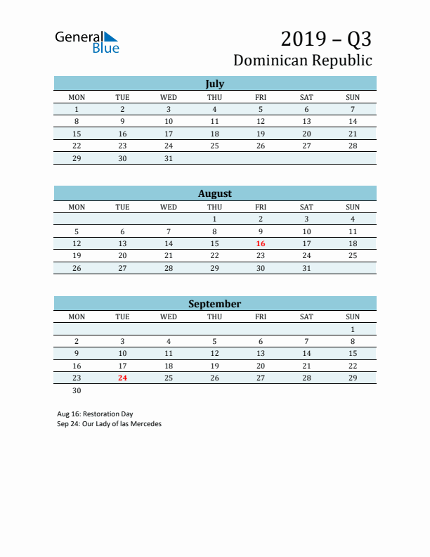 Three-Month Planner for Q3 2019 with Holidays - Dominican Republic