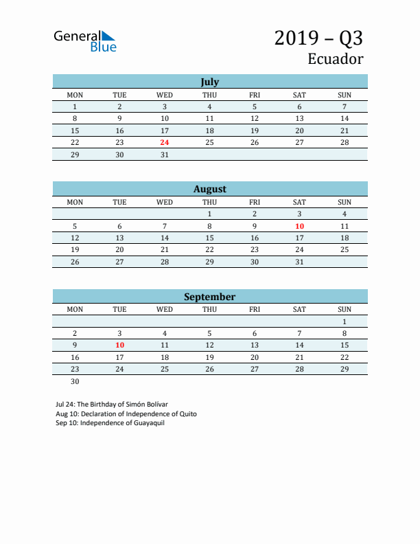 Three-Month Planner for Q3 2019 with Holidays - Ecuador