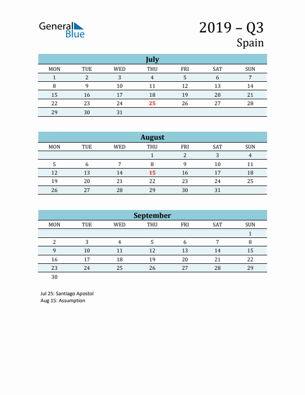 Three-Month Planner for Q3 2019 with Holidays - Spain