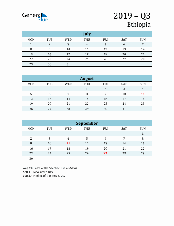 Three-Month Planner for Q3 2019 with Holidays - Ethiopia