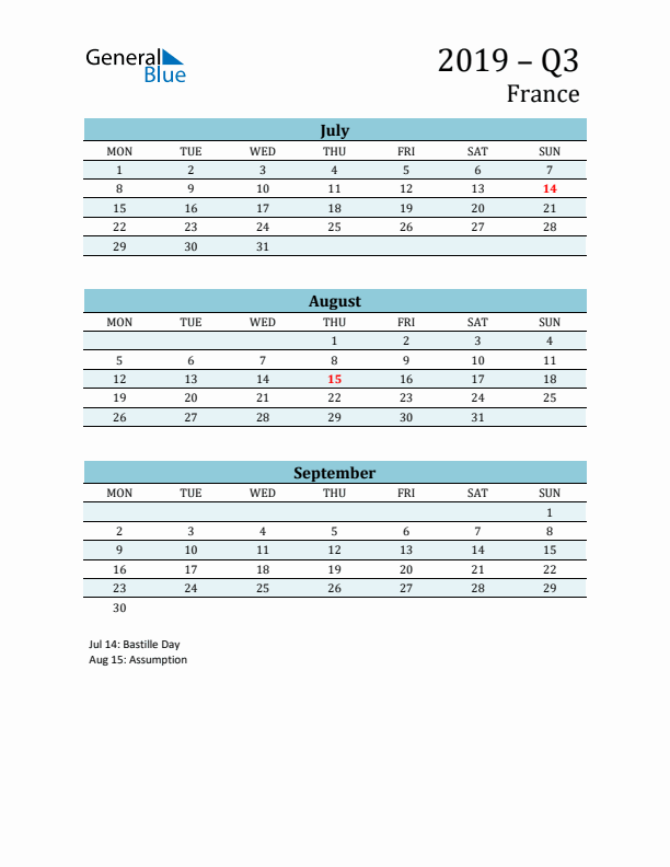 Three-Month Planner for Q3 2019 with Holidays - France