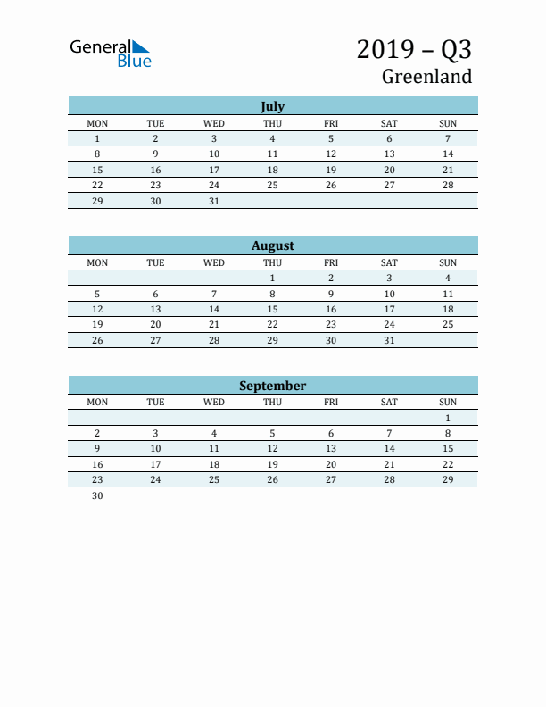 Three-Month Planner for Q3 2019 with Holidays - Greenland