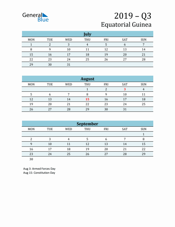 Three-Month Planner for Q3 2019 with Holidays - Equatorial Guinea