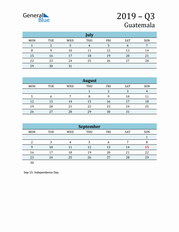 Three-Month Planner for Q3 2019 with Holidays - Guatemala