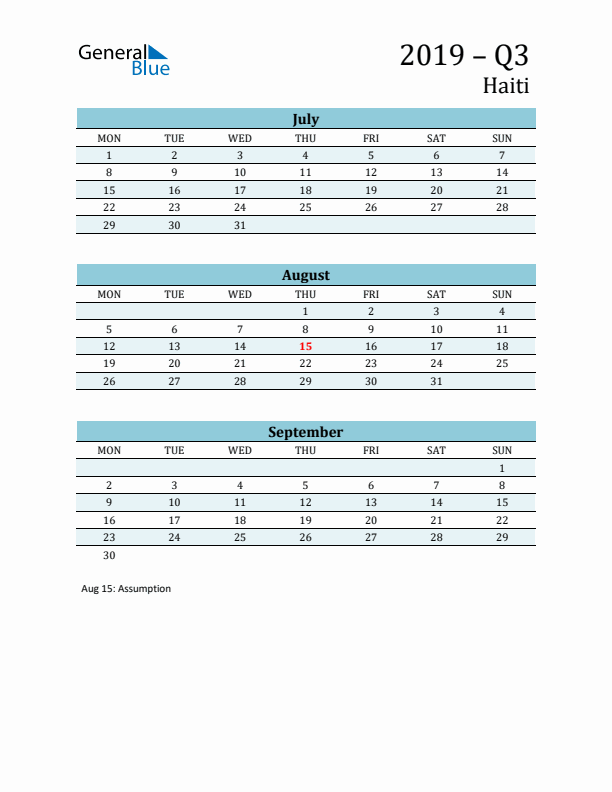 Three-Month Planner for Q3 2019 with Holidays - Haiti