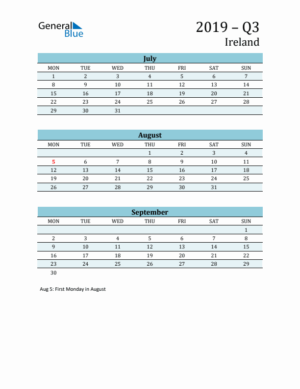 Three-Month Planner for Q3 2019 with Holidays - Ireland
