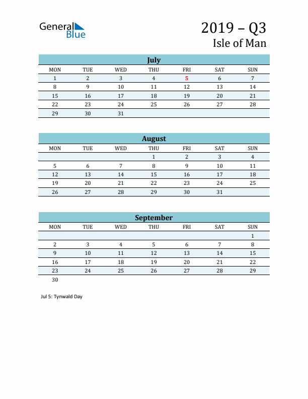 Three-Month Planner for Q3 2019 with Holidays - Isle of Man