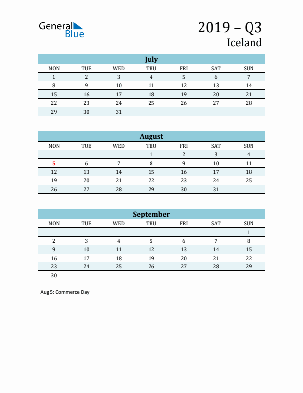 Three-Month Planner for Q3 2019 with Holidays - Iceland