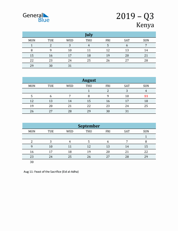 Three-Month Planner for Q3 2019 with Holidays - Kenya