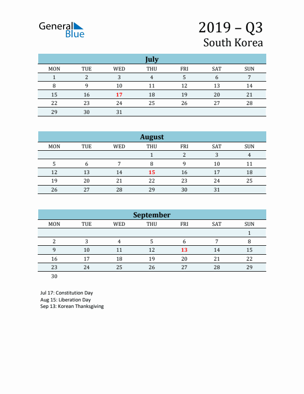 Three-Month Planner for Q3 2019 with Holidays - South Korea
