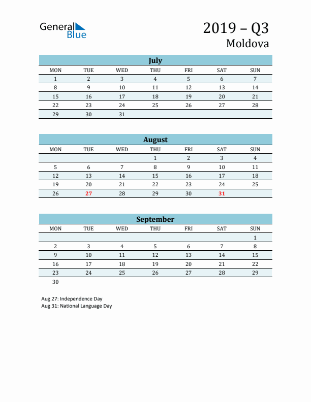 Three-Month Planner for Q3 2019 with Holidays - Moldova