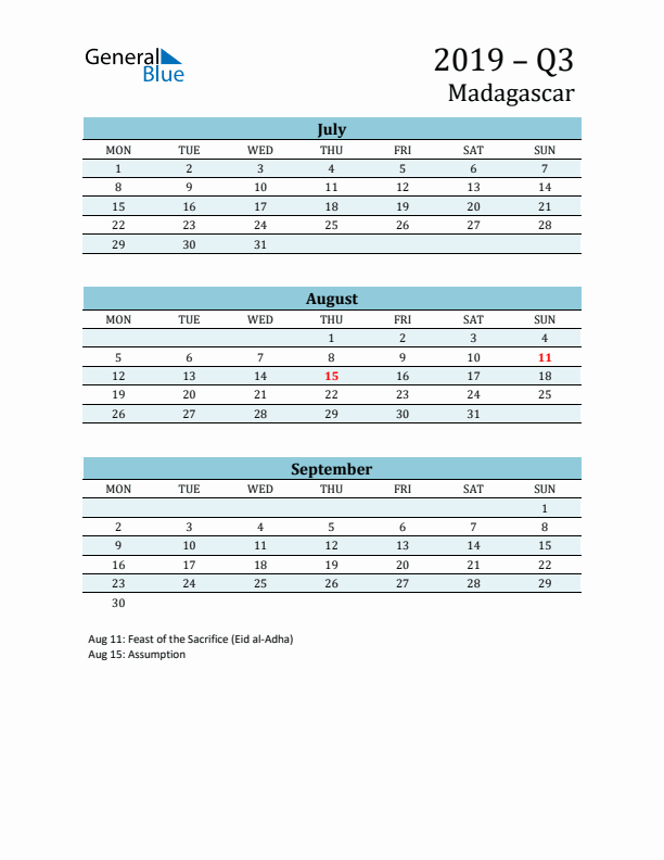 Three-Month Planner for Q3 2019 with Holidays - Madagascar