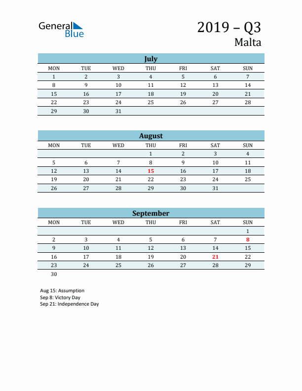 Three-Month Planner for Q3 2019 with Holidays - Malta
