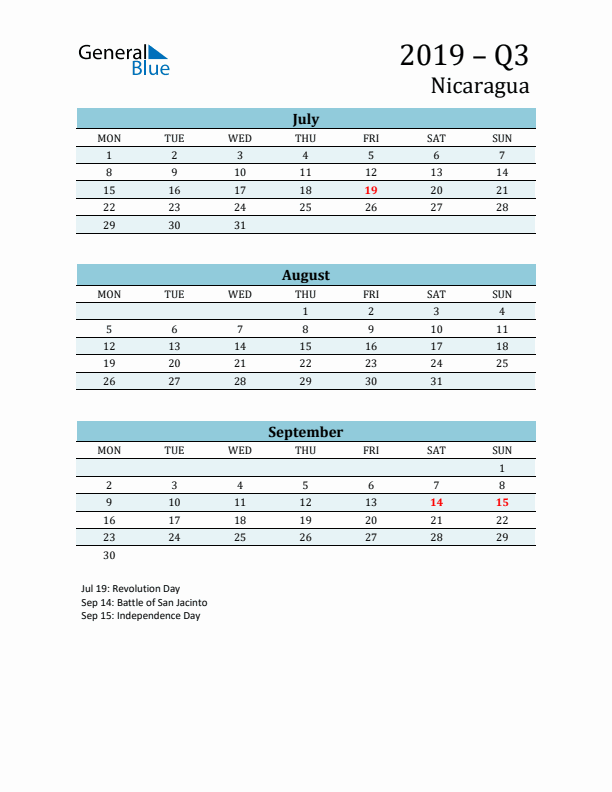 Three-Month Planner for Q3 2019 with Holidays - Nicaragua