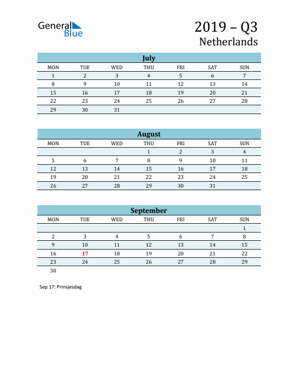 Three-Month Planner for Q3 2019 with Holidays - The Netherlands