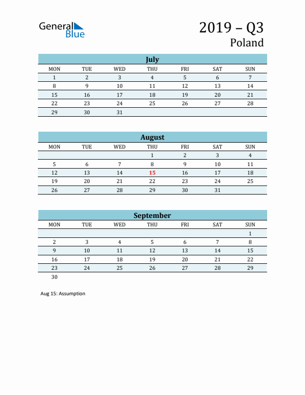 Three-Month Planner for Q3 2019 with Holidays - Poland
