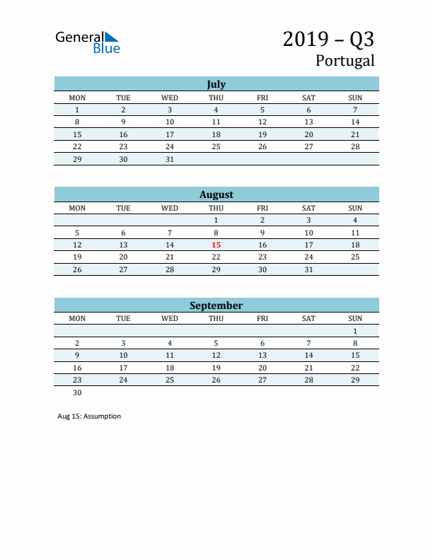 Three-Month Planner for Q3 2019 with Holidays - Portugal