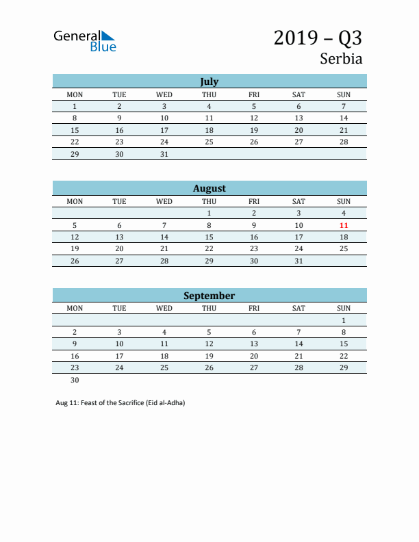 Three-Month Planner for Q3 2019 with Holidays - Serbia