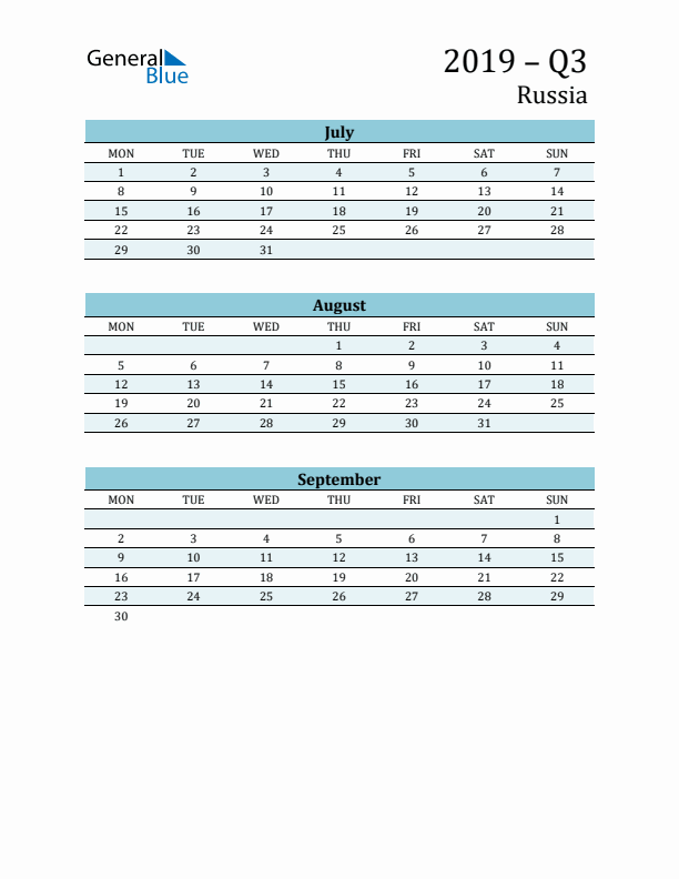 Three-Month Planner for Q3 2019 with Holidays - Russia