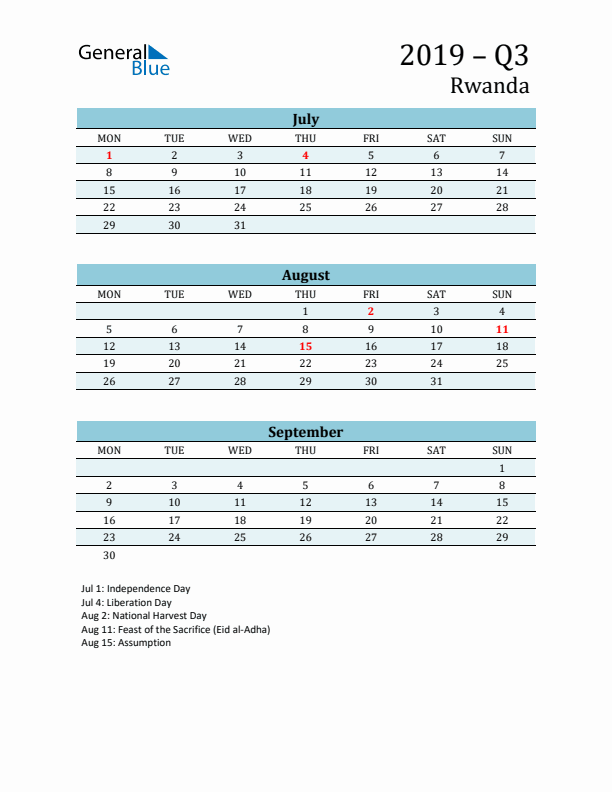 Three-Month Planner for Q3 2019 with Holidays - Rwanda