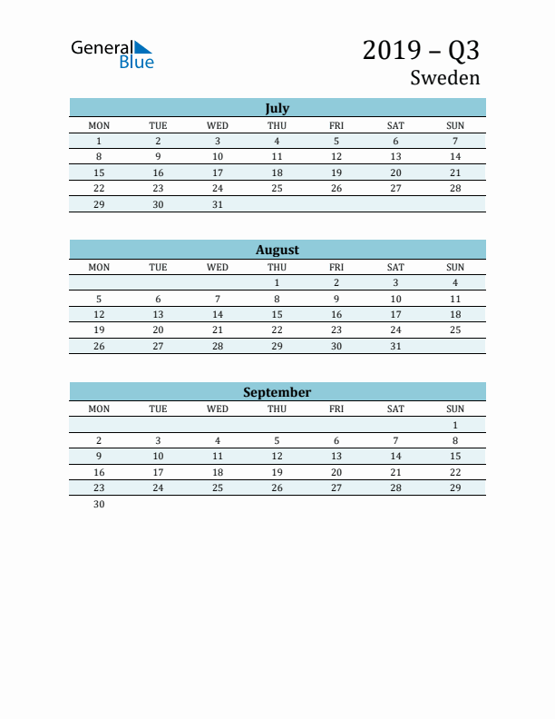 Three-Month Planner for Q3 2019 with Holidays - Sweden