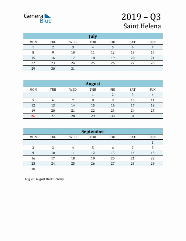 Three-Month Planner for Q3 2019 with Holidays - Saint Helena