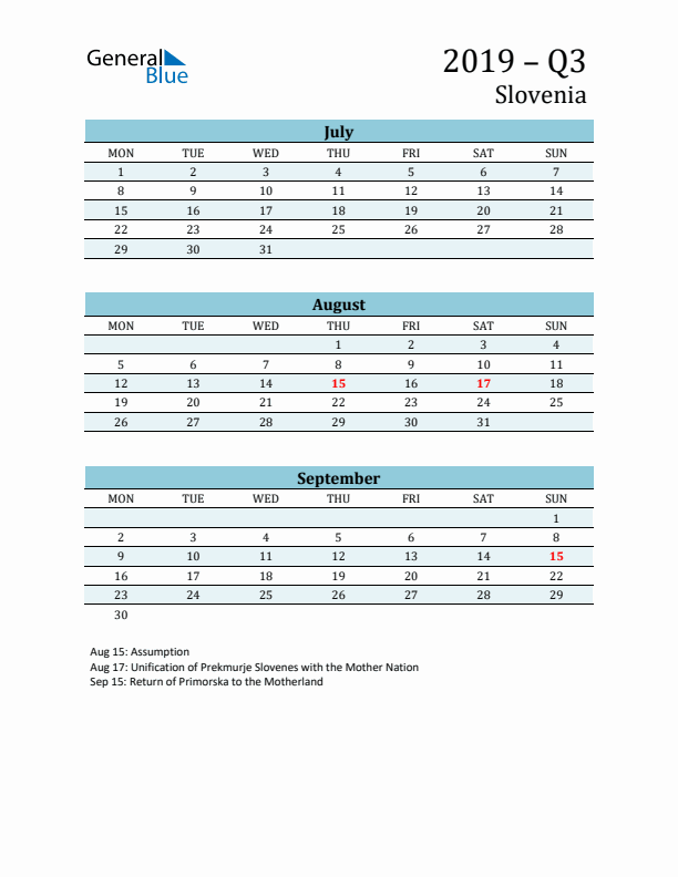 Three-Month Planner for Q3 2019 with Holidays - Slovenia