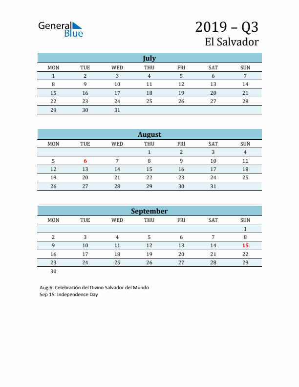 Three-Month Planner for Q3 2019 with Holidays - El Salvador