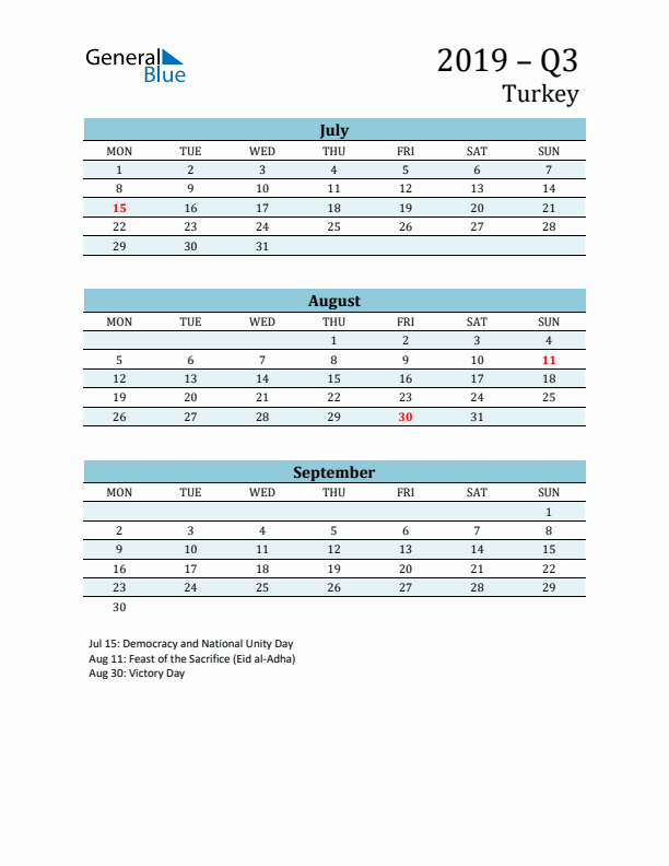 Three-Month Planner for Q3 2019 with Holidays - Turkey