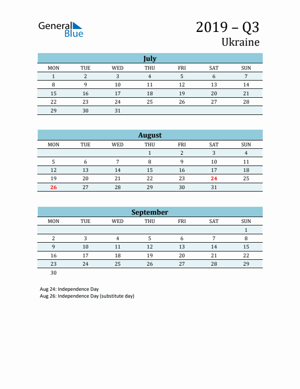Three-Month Planner for Q3 2019 with Holidays - Ukraine
