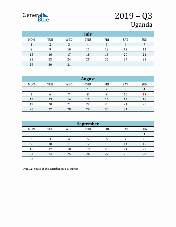 Three-Month Planner for Q3 2019 with Holidays - Uganda