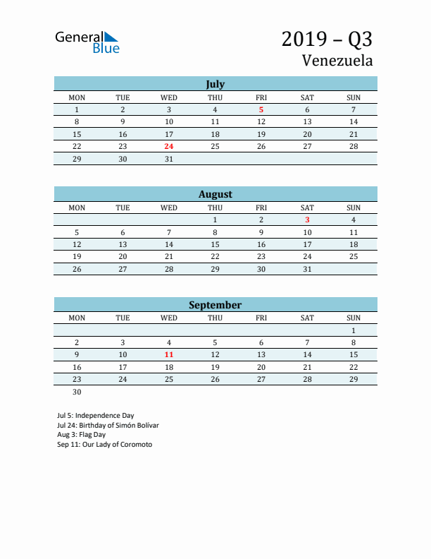 Three-Month Planner for Q3 2019 with Holidays - Venezuela