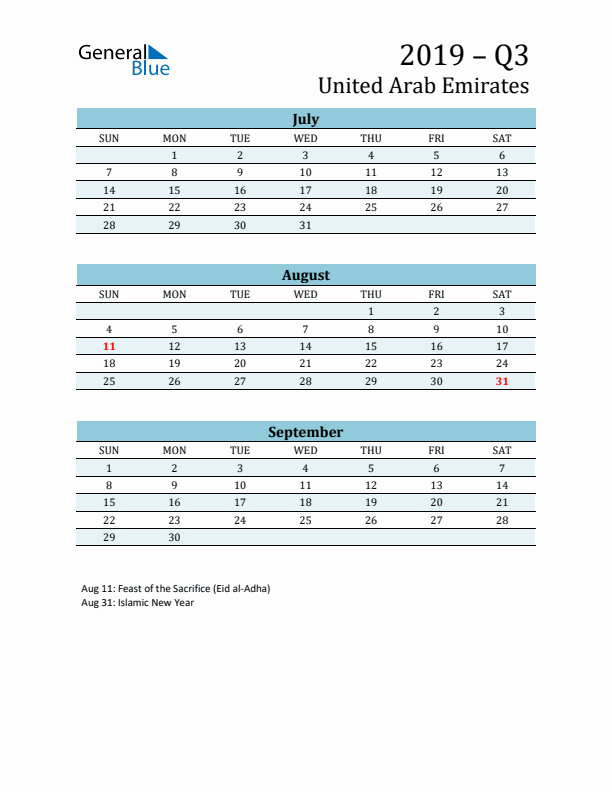 Three-Month Planner for Q3 2019 with Holidays - United Arab Emirates
