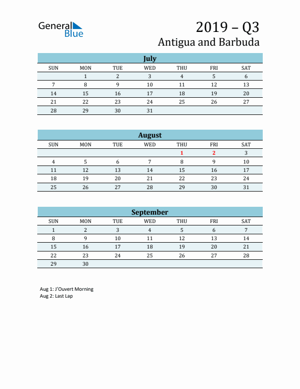 Three-Month Planner for Q3 2019 with Holidays - Antigua and Barbuda