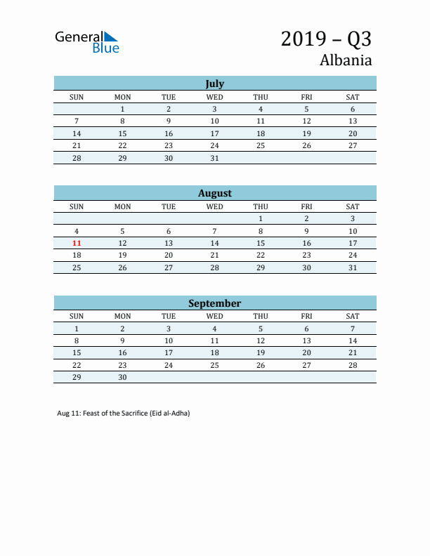 Three-Month Planner for Q3 2019 with Holidays - Albania
