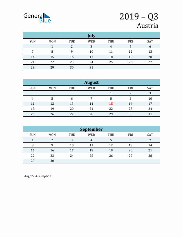 Three-Month Planner for Q3 2019 with Holidays - Austria