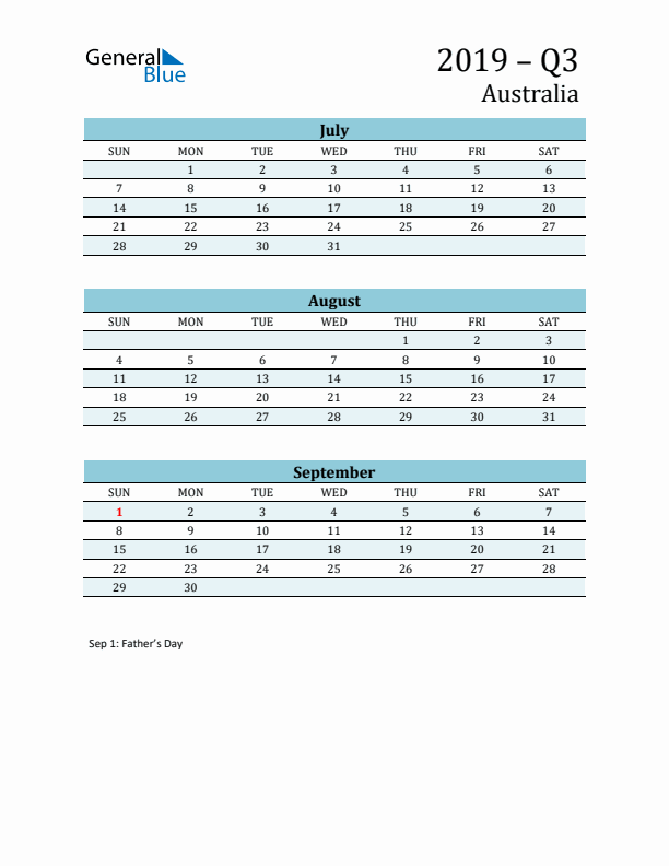 Three-Month Planner for Q3 2019 with Holidays - Australia