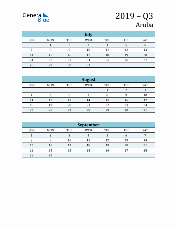 Three-Month Planner for Q3 2019 with Holidays - Aruba