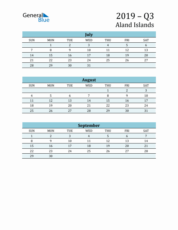 Three-Month Planner for Q3 2019 with Holidays - Aland Islands