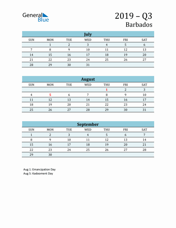 Three-Month Planner for Q3 2019 with Holidays - Barbados